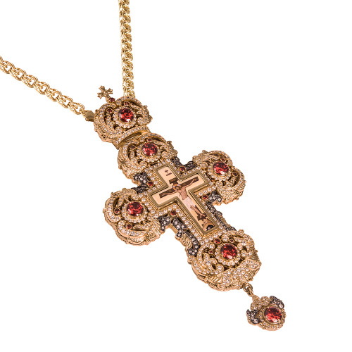 Крест наперсный из ювелирного сплава в позолоте с цепью, фианиты, 9,4х19,2 см фото 2 Крест наперсный из ювелирного сплава в позолоте с цепью, фианиты, 9,4х19,2 см фото 2