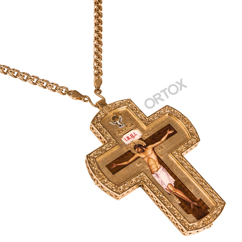 Крест наперсный латунный в позолоте с цепью, 8х11 см фото 2