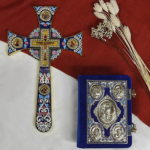 Крест требный латунный четырехконечный, синяя эмаль, камни, 17х29 см фото 10