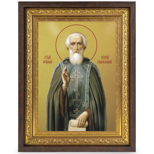Икона преподобного Сергия Радонежского, в широком багете, цвет "темный дуб", на холсте, с золочением №2 фото 2