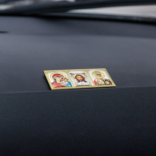 Икона в машину, триптих греческий из металла на деревянной основе, №5, 9,5х4,5 см фото 3