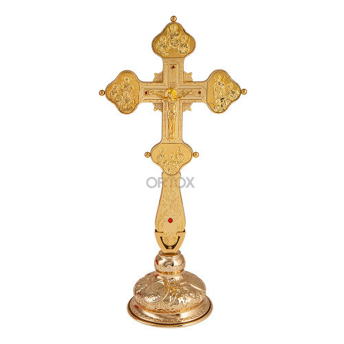 Крест напрестольный латунный, гравировка, камни, цвет "под золото" фото 8