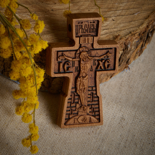 Деревянный нательный крестик с молитвой, груша, высота 5 см фото 4