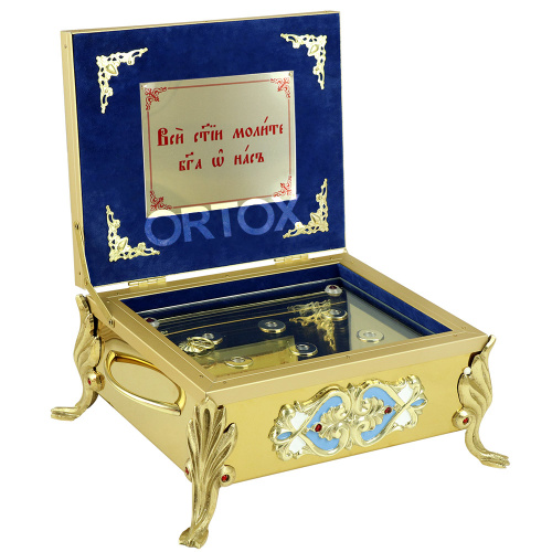 Ковчег для мощей с молитвой, 27х22,5х12 см, эмаль, синяя ткань фото 5