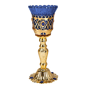 Лампада настольная, цинковый сплав, 9х20 см (синий стаканчик, синие камни)