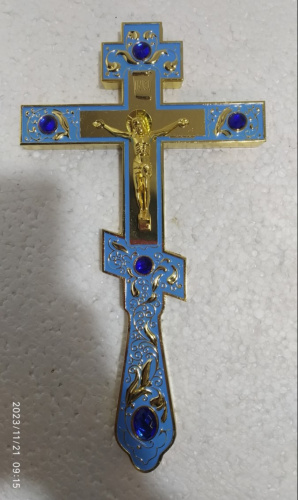 Крест напрестольный, голубая эмаль, синие камни, 14,5х26 см, У-0930 фото 11