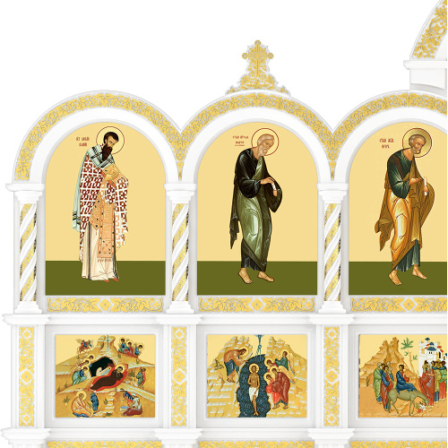 Иконостас деревянный резной "Владимирский" трехъярусный белый с золотом (поталь), 690х620х40 см фото 6