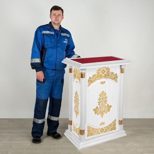 Подставка церковная "Суздальская" белая с золотом (поталь), красная ткань, 70х46х100 см фото 5