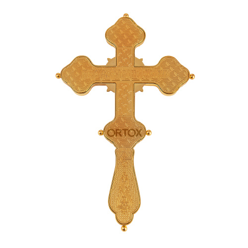 Крест напрестольный латунный, гравировка, камни, цвет "под золото" фото 6