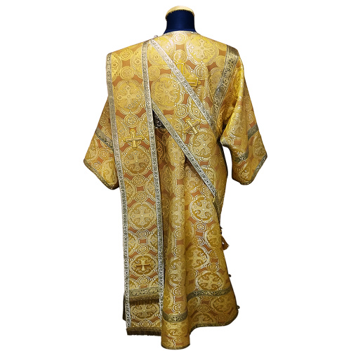 Облачение протодиаконское желтое, шелк, отделка галун серебро с рисунком крест фото 2