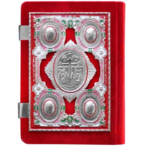 Евангелие требное среднее красное, оклад "под серебро", бархат, эмаль, 17х22 см фото 7