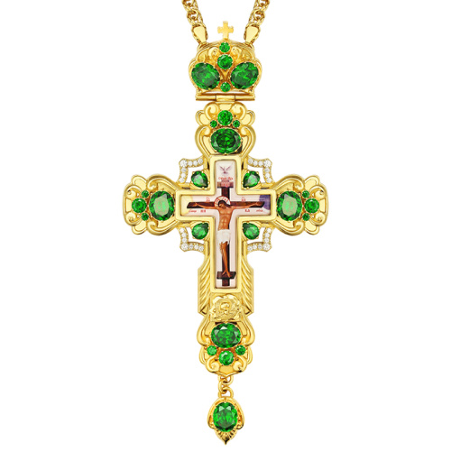 Крест наперсный из ювелирного сплава в позолоте с цепью, фианиты, 8,5х17 см фото 6