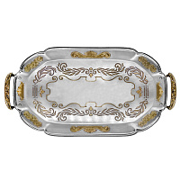 Поднос для запивки (блюдо) из ювелирного сплава в серебрении, травление, позолота, 25х14х1,5 см