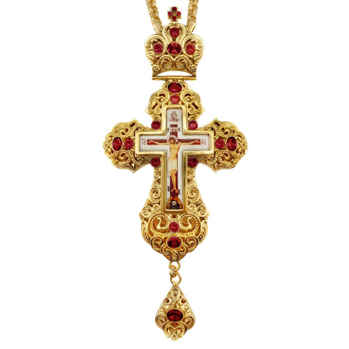 Крест наперсный из ювелирного сплава в позолоте с цепью, с фианитами, 8х17 см фото 2