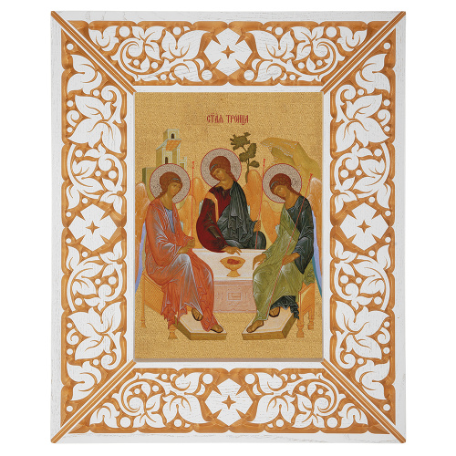 Икона Святой Троицы, в широкой резной раме, белая с золотом (патина), холст с золочением, ширина рамы 12 см фото 2