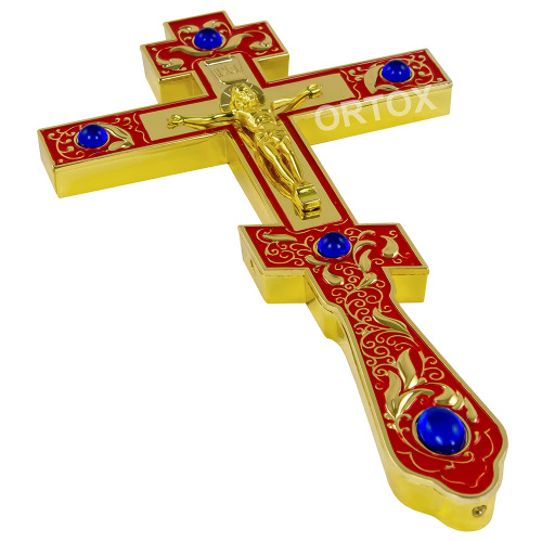 Крест напрестольный латунный, красная эмаль, синие камни, 14,5х26 см фото 3