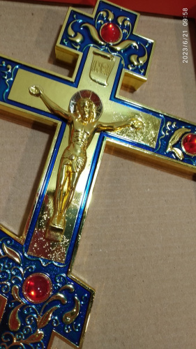 Крест напрестольный латунный синий, 14х26 см, красные камни, У-0634 фото 18