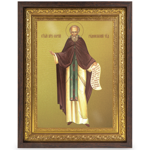 Икона преподобного Сергия Радонежского, в широком багете, цвет "темный дуб", на холсте, с золочением, №2 фото 2