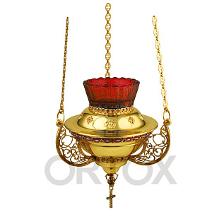 Лампада латунная подвесная, в позолоте, с камнями (красный стаканчик)