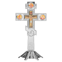 Крест настольный из цинкового сплава, белые камни, цвет "под серебро", 10х18,6 см