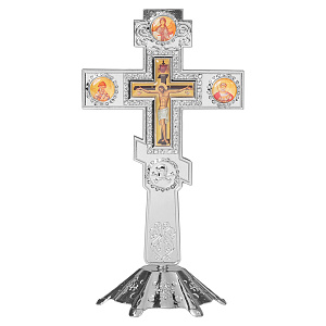 Крест настольный из цинкового сплава, белые камни, цвет "под серебро", 10х18,6 см (ср. вес 160 г)
