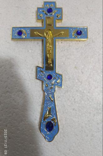 Крест напрестольный, голубая эмаль, синие камни, 14,5х26 см, У-0930 фото 16