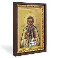 Икона преподобного Пафнутия Боровского, в широком багете, цвет "темный дуб", на холсте, с золочением