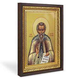 Икона преподобного Пафнутия Боровского, в широком багете, цвет "темный дуб", на холсте, с золочением (33,5х42,2 см (под икону А4))