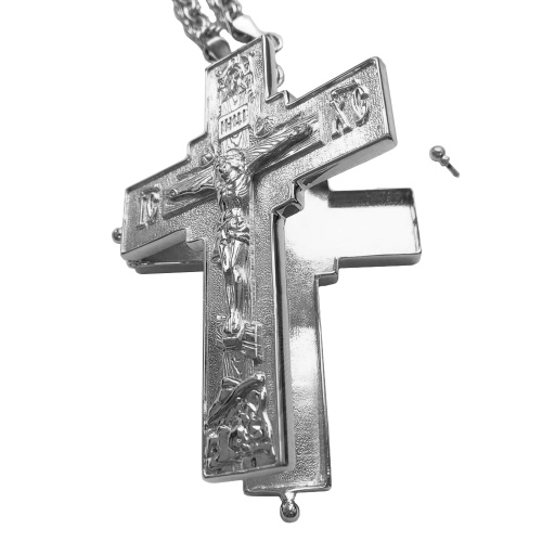 Крест-мощевик наперсный латунный в серебрении с цепью, 6,5х9 см фото 6
