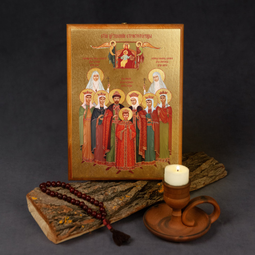Икона царственных страстотерпцев на деревянной основе, цвет "кипарис", на холсте с золочением фото 3