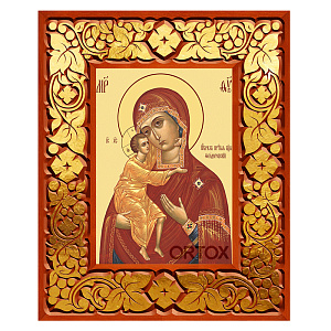 Икона Божией Матери "Феодоровская" в резной рамке, цвет "кипарис с золотом" (поталь), ширина рамки 12 см (29,7x42 см (А3))