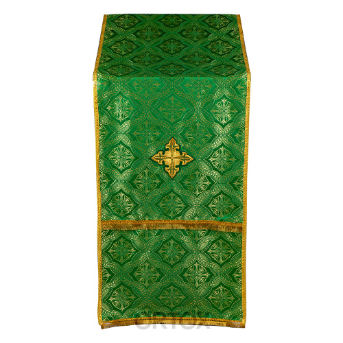 Накидка на аналой "Крест" зеленая, шелк "Лавр", золотая тесьма, бахрома, 45,5х200 см фото 3
