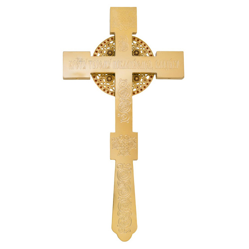 Крест напрестольный из ювелирного сплава в позолоте с красными фианитами, 17,5х33,5 см фото 3