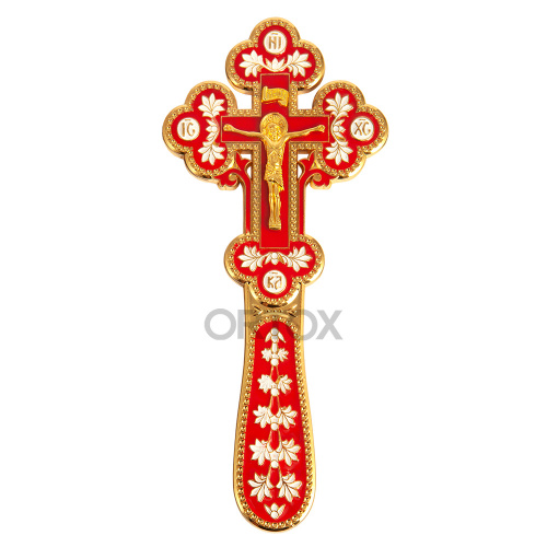 Крест требный латунный, красная и белая эмаль, 7,5х17 см