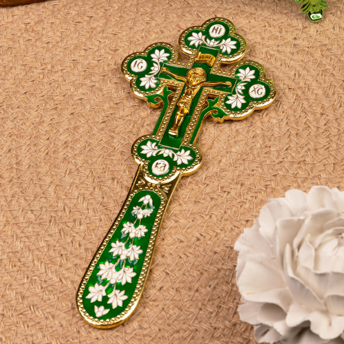 Крест требный, цинковый сплав, зеленая и белая эмаль, 7,5х17 см фото 2