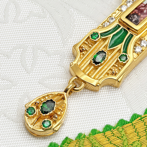 Крест наперсный из ювелирного сплава в позолоте, эмаль, фианиты, 7х14 см фото 6