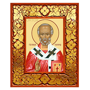 Икона святителя Николая Чудотворца в резной рамке, цвет "кипарис с золотом" (поталь), ширина рамки 12 см (29,7x42 см (А3))