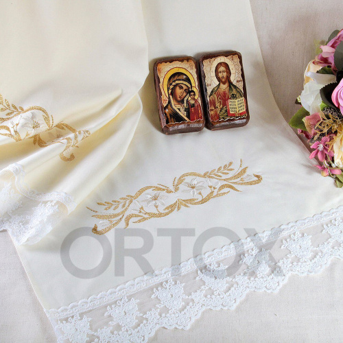 Рушник венчальный вышитый "Ароматная лилия" с кружевом, сатин фото 2