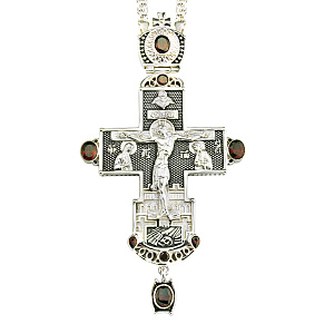 Крест наперсный серебряный, с цепью, фианиты, высота 15 см (чернение)