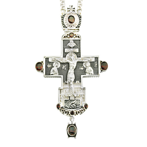 Крест наперсный серебряный, с цепью, фианиты, высота 15 см