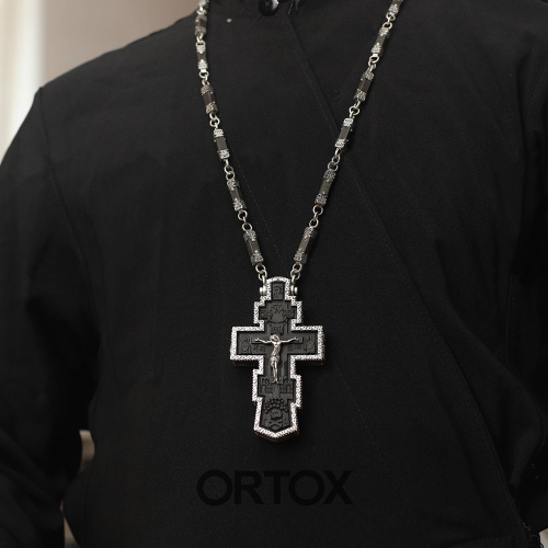 Крест наперсный деревянный в серебряном окладе, с цепью, 5,6х10 см фото 2