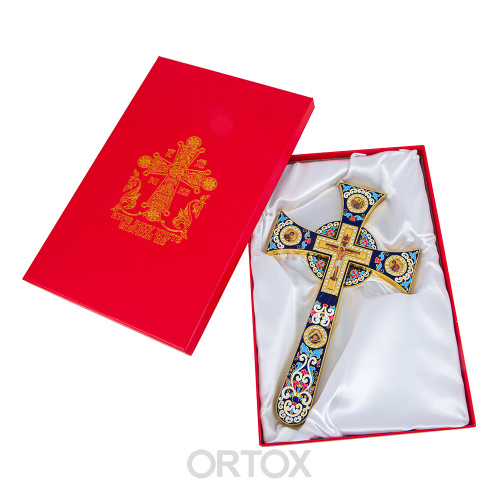 Крест требный латунный четырехконечный, синяя эмаль, камни, 17х29 см фото 8