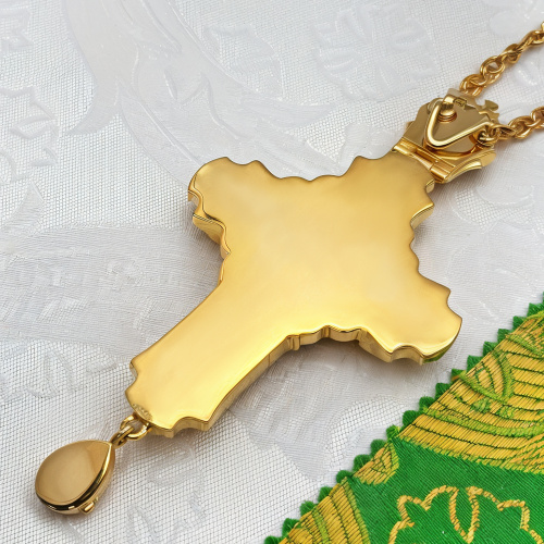 Крест наперсный из ювелирного сплава в позолоте, эмаль, фианиты, 7х14 см фото 5