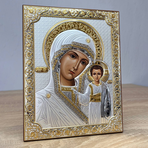 Икона греческая Божией Матери "Казанская", на темной деревянной основе, металлический оклад, 12х16 см фото 2