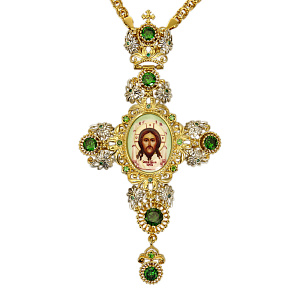 Крест наперсный из ювелирного сплава в позолоте с цепью, деколь, 7,7х14 см (зеленые фианиты)