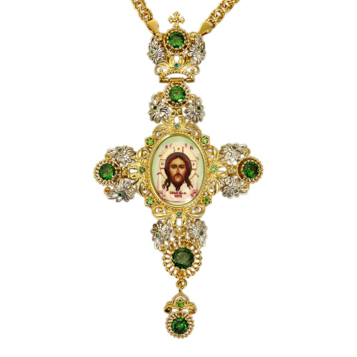 Крест наперсный из ювелирного сплава в позолоте с цепью, деколь, 7,7х14 см фото 2