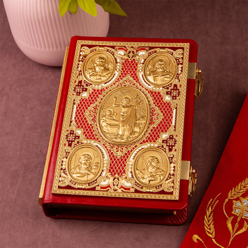 Евангелие требное среднее красное, оклад "под золото", кожа, эмаль, 17х22 см фото 2
