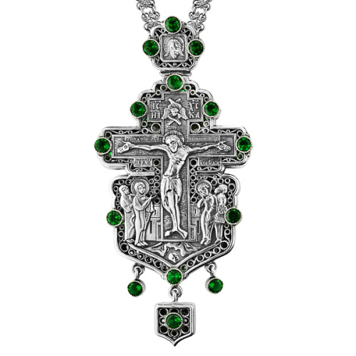 Крест наперсный серебряный, чернение, зеленые фианиты, с цепью, высота 15 см