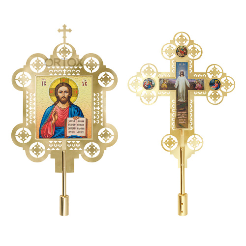 Запрестольные крест и икона с ликами Спасителя и Божией Матери "Владимирская", комплект, латунь фото 2