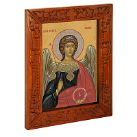 Икона Архангела Михаила, в узкой резной раме, цвет "кипарис", холст с золочением, ширина рамы 7 см